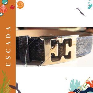 ESCADA Blue Reptile Embossed Leather Belt with Double "E" Silver-Tone Logo Buckl